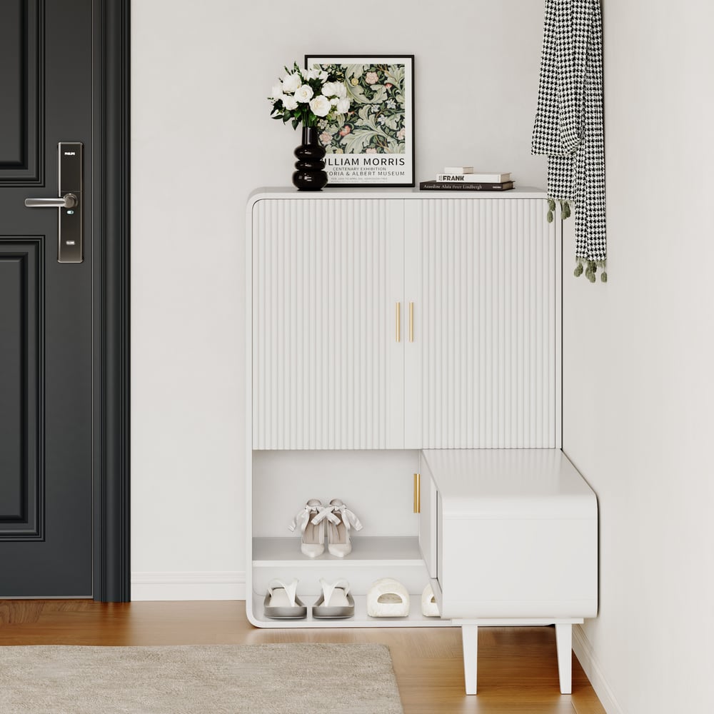 37" Warm White Shoe Storage Fluted Entryway Cabinet, Right Hand window image