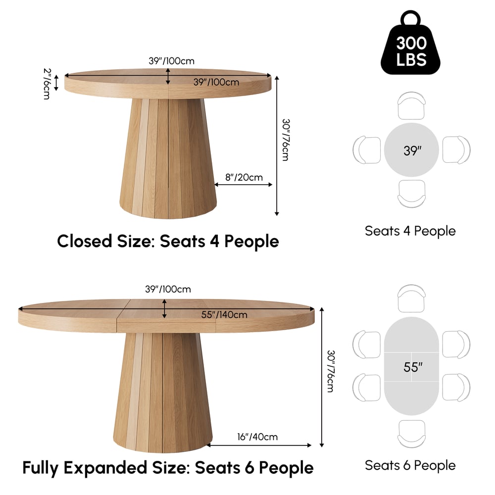 Japandi 39"–55" Extendable Round-to-Oval Wood Dining Table Natural, Seats 4-6 weights dimensions image