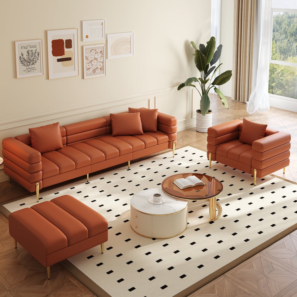Set divano 3 pezzi Axial con divano chaise longue, pouf e poltrona d'accento Immagine della finestra