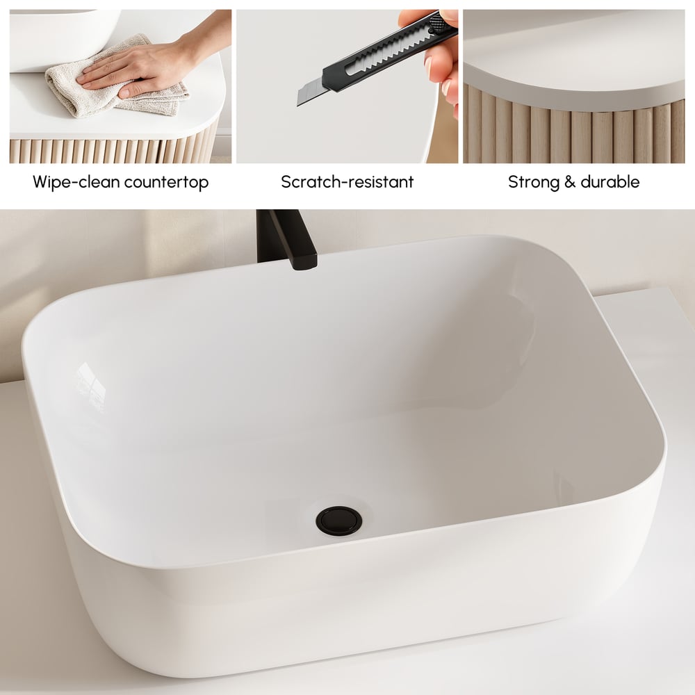 80cm Fluted Freestanding Bathroom Vanity with Vessel Sink, 3-Drawers, Sintered Stone top window image
