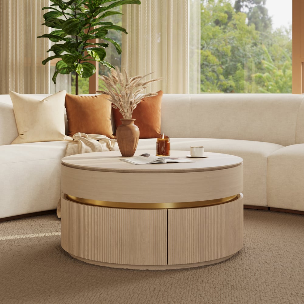 Table basse ronde à plateau relevable cannelé de 32 pouces avec 2 tiroirs image de fenêtre
