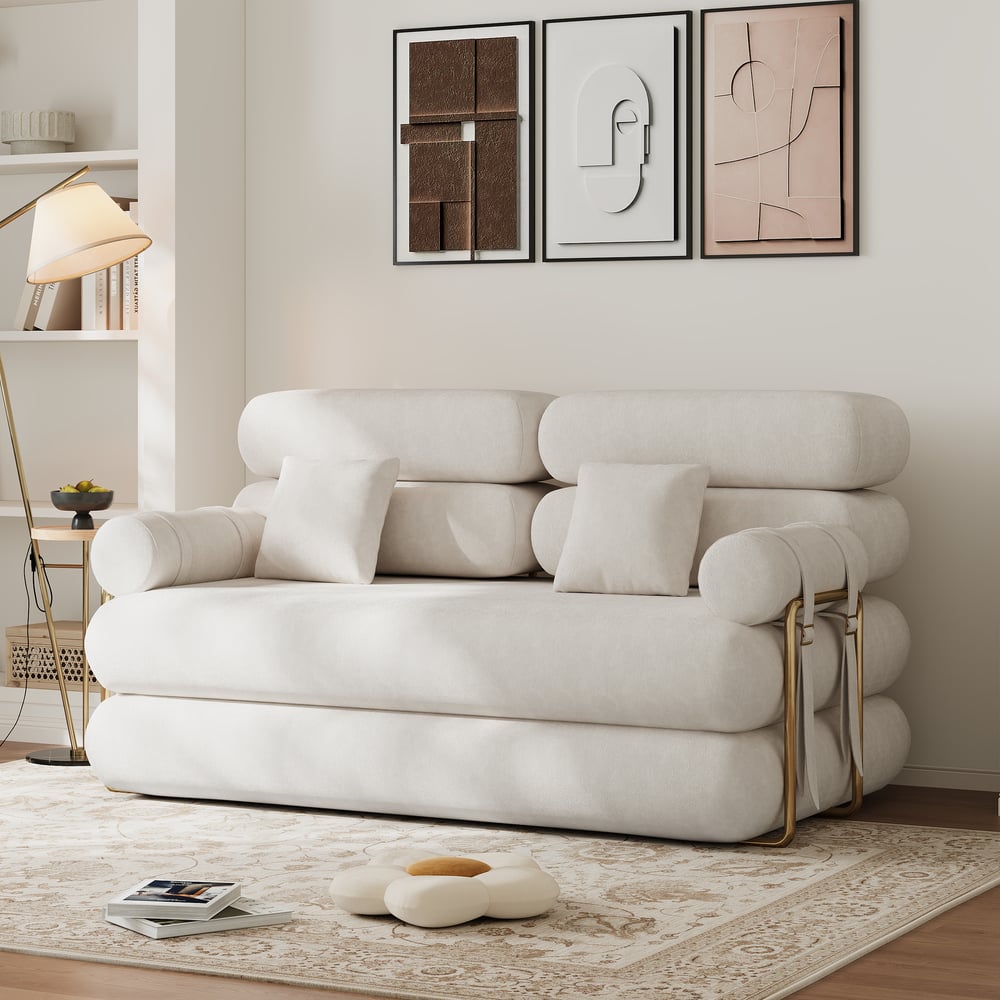 Sofá cama futón de terciopelo blanco tamaño queen de 67", sofá cama 4 en 1 Imagen de ventana