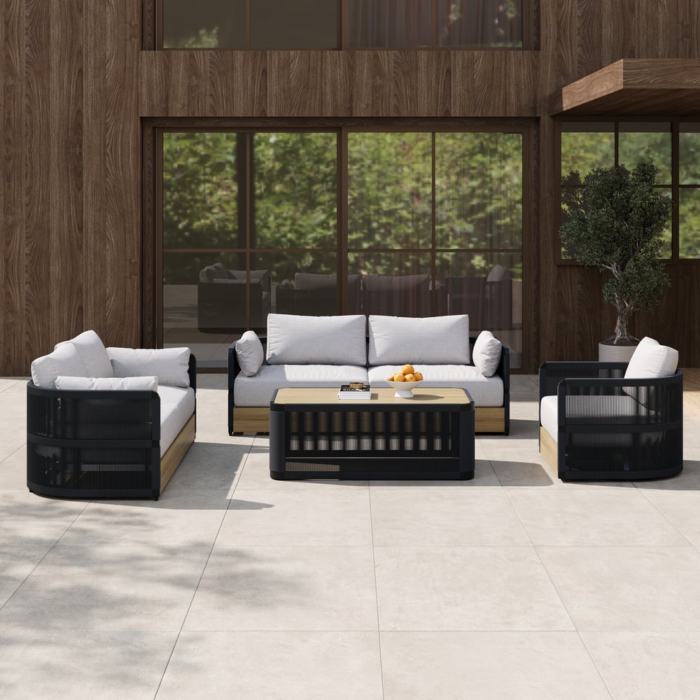 4-Pieces Modern Aluminum & Rope Outdoor Swivel Sofa Set with Coffee Table in Black for 6 window image