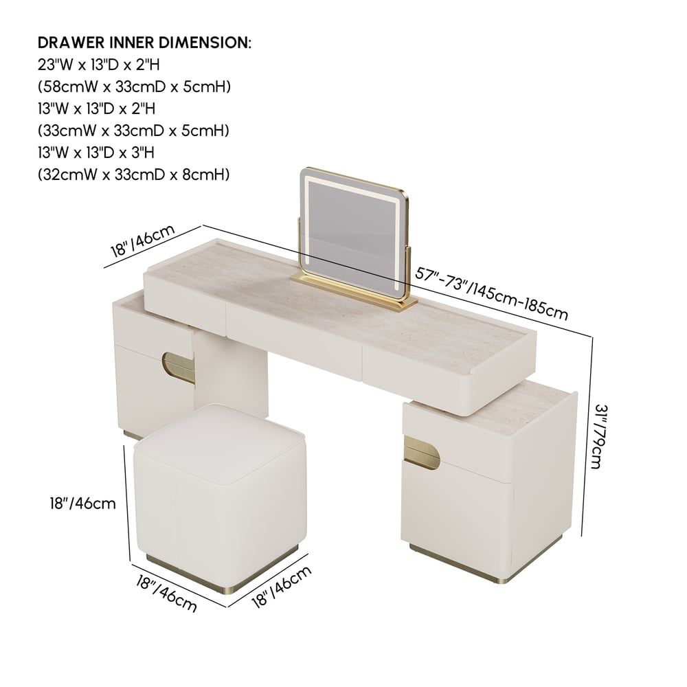 Horva Extendable Makeup Vanity Set with LED Mirror and Vanity Stool (57"–73") weights dimensions image