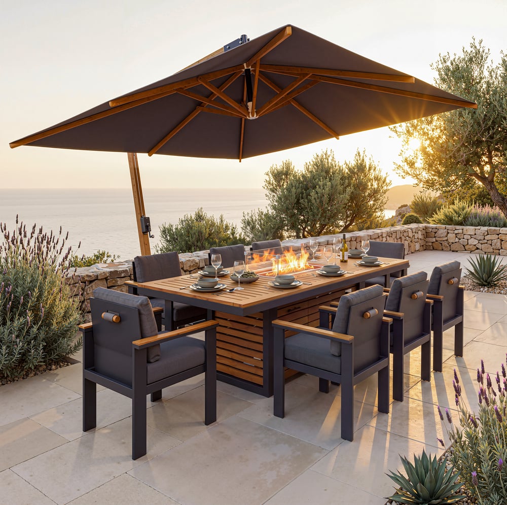 Tevara 9 Pieces Outdoor Dining Set with Propane Fire Pit Table & Aluminum Armchair window image