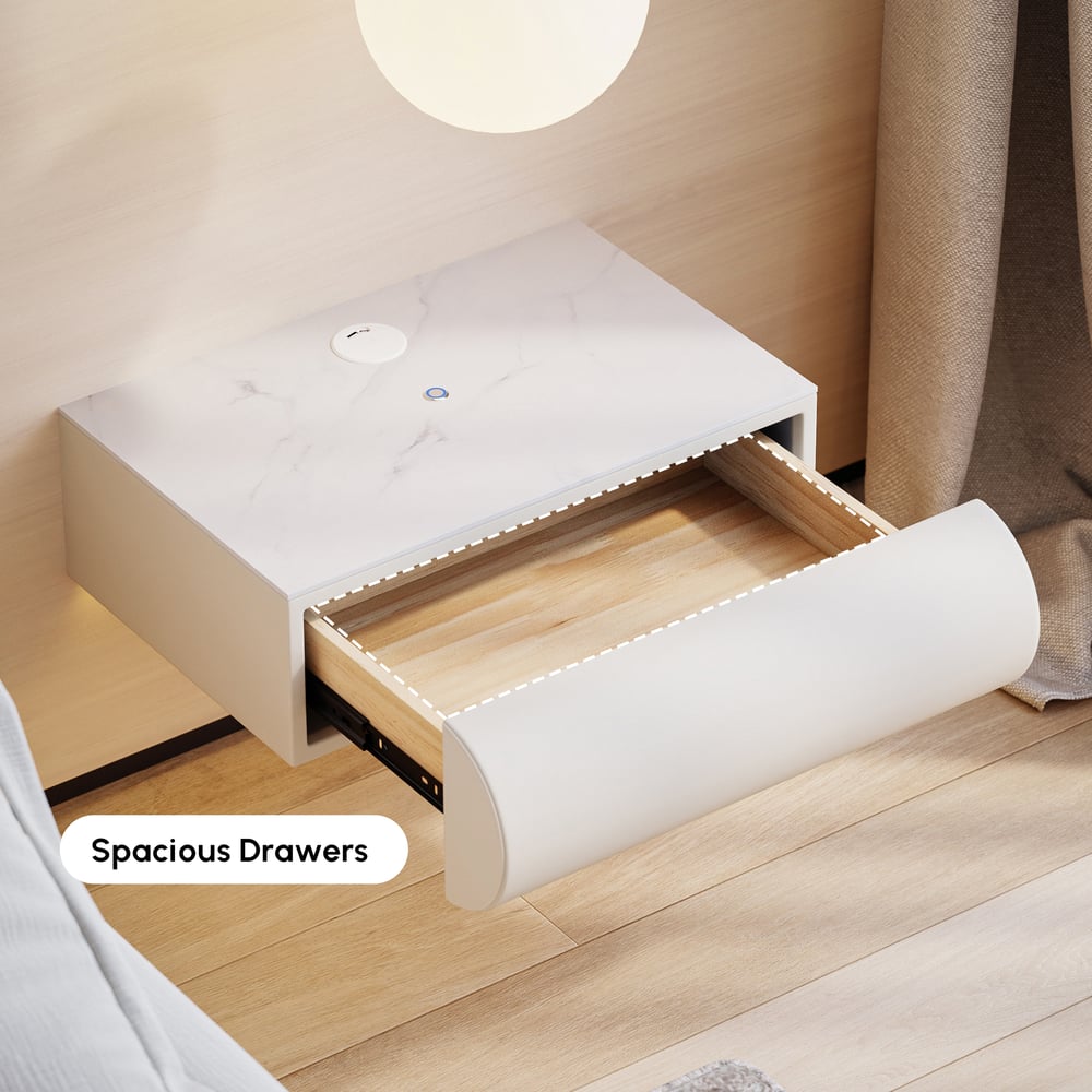 Table de chevet intelligente à LED 1 tiroir en cuir flottant Humply avec plateau en pierre frittée image de fenêtre