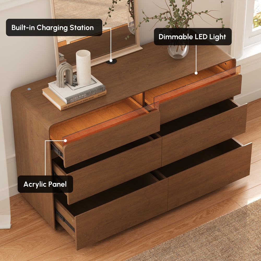 Meloa 47" Wooden Walnut 6-Drawer Dresser with Light and Charging Station window image