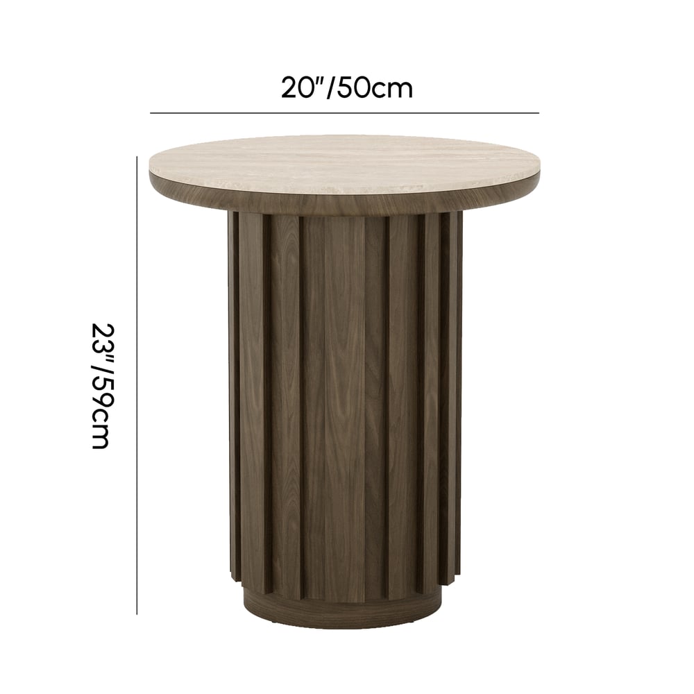 Aura Ash Wood Fluted Round Side Table with Sintered Stone Top weights dimensions image