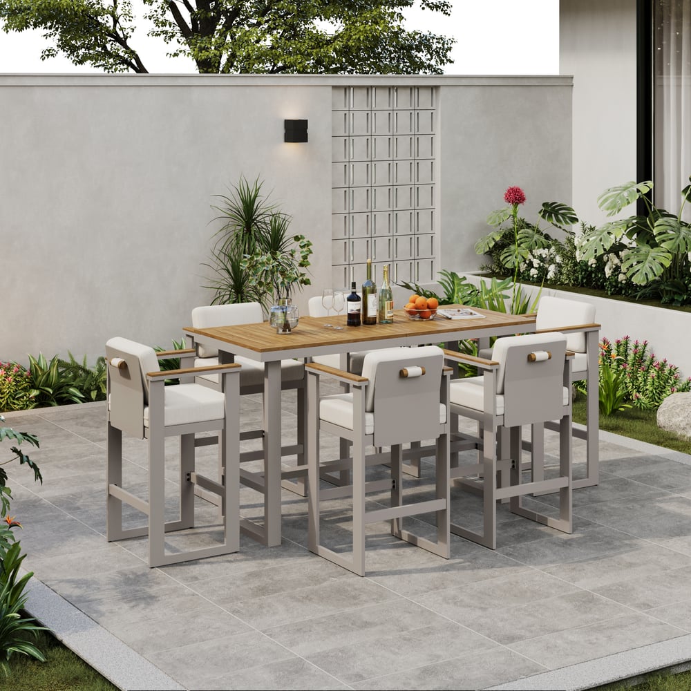 Tevara Teak Wood Modern Outdoor Bar Set Sand Frame & Warm White Cushion window image