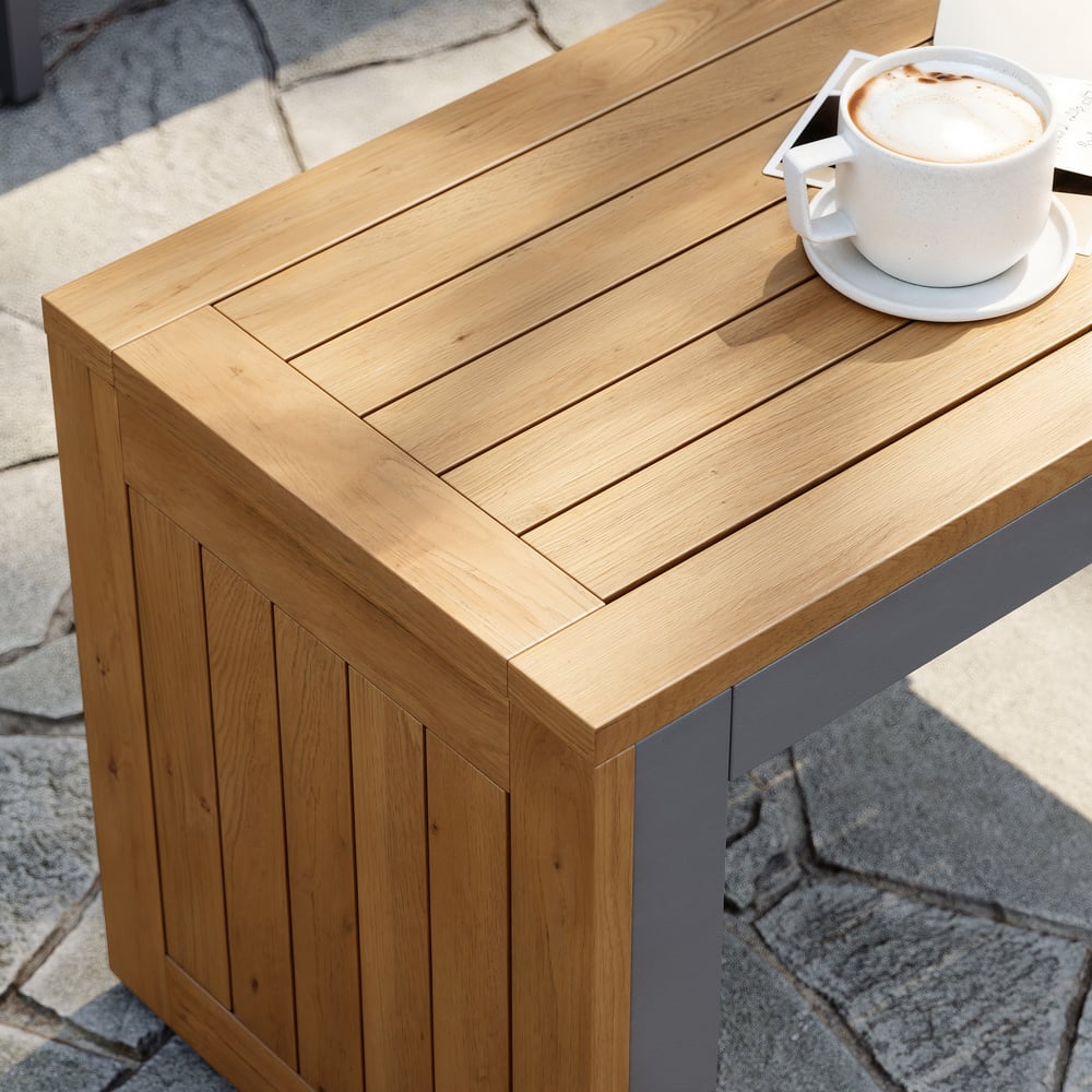 Ensemble de canapé modulaire d'extérieur Slatera en acacia et aluminium, gris foncé avec housse noire image de fenêtre