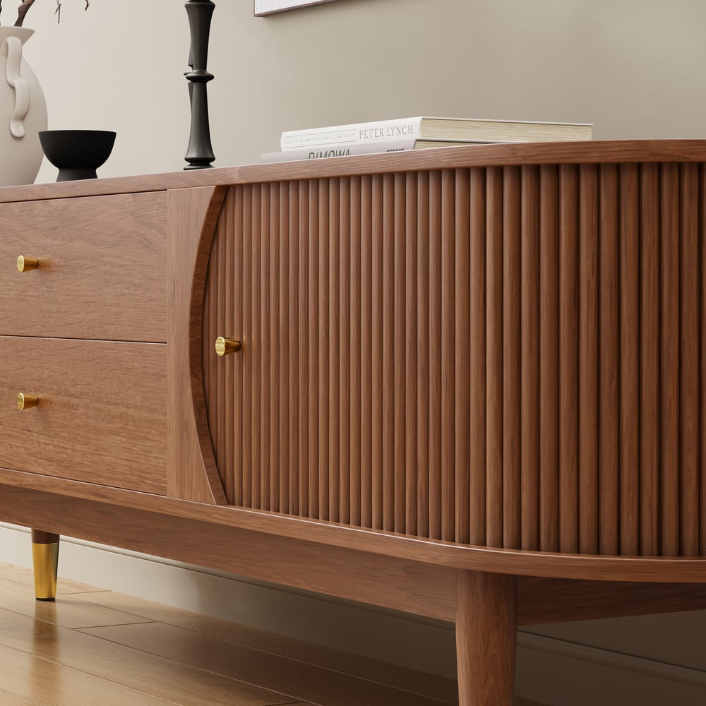 80" Ash Wood Fluted Walnut TV Stand with Storage window image