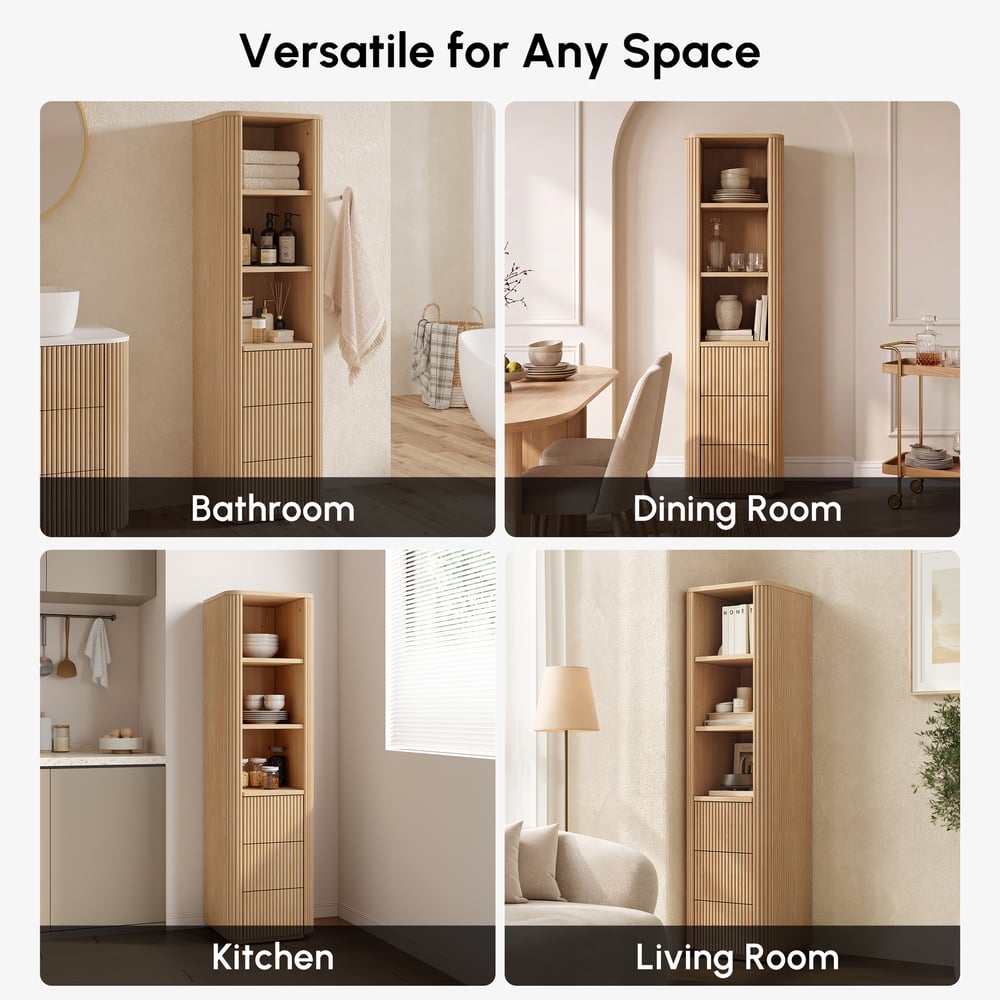 Fluted 58" Bathroom Linen Cabinet with 3 Drawers and Open Shelves window image