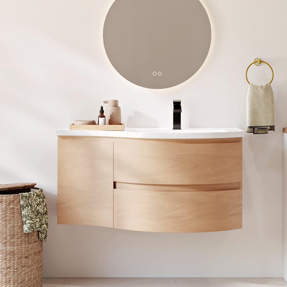 35" Floating Single Curved Bathroom Vanity with Sink & Storage window image