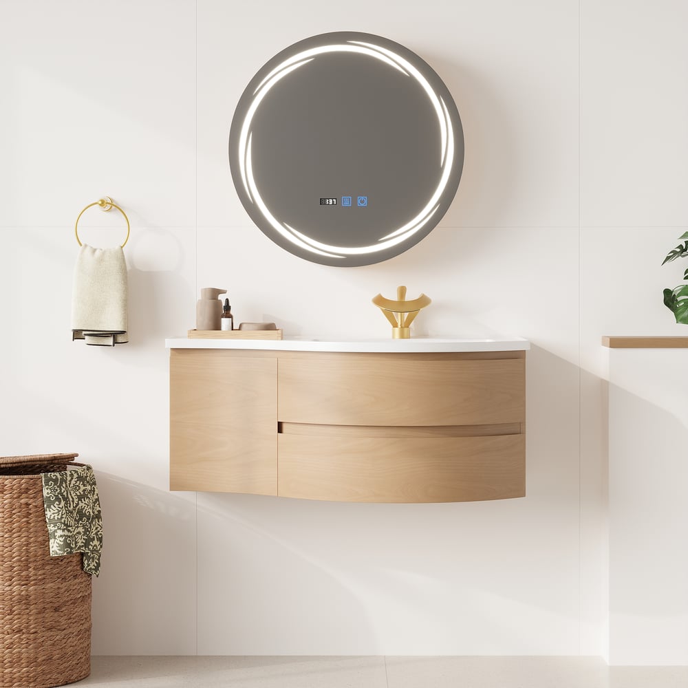 Floating Curved Bathroom Vanity & LED Medicine Cabinet Set window image