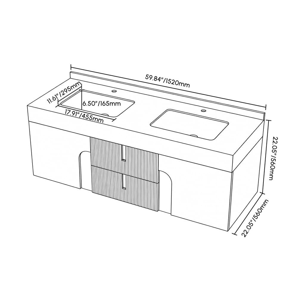 Artis 152 cm Meuble de salle de bain flottant double vasque avec plateau en pierre frittée Poids, dimensions, image