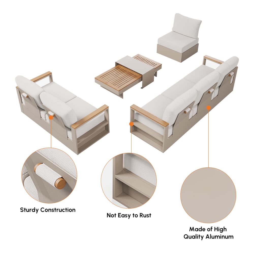 Tevara 6-Person Outdoor Sofa Set with Wood & Aluminium Frame, Sand & Warm White (4-Piece) window image
