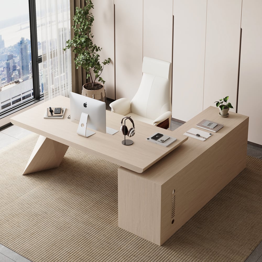 Escrivaninha executiva moderna em forma de L de 180 cm com acabamento em branco lavado e armazenamento, mão esquerda Imagem da janela