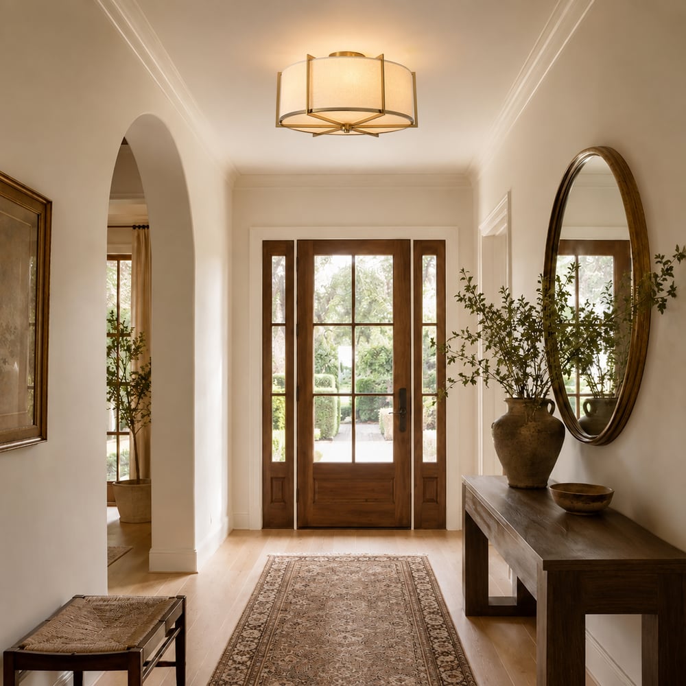 18" Fabric Flush Mount Light in Gold Finish, 3-Light window image