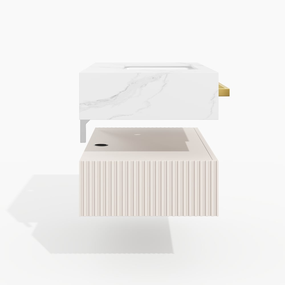 Mueble de baño flotante de 91 cm (36") con doble lavabo, encimera de piedra sinterizada, toallero dorado Imagen de ventana