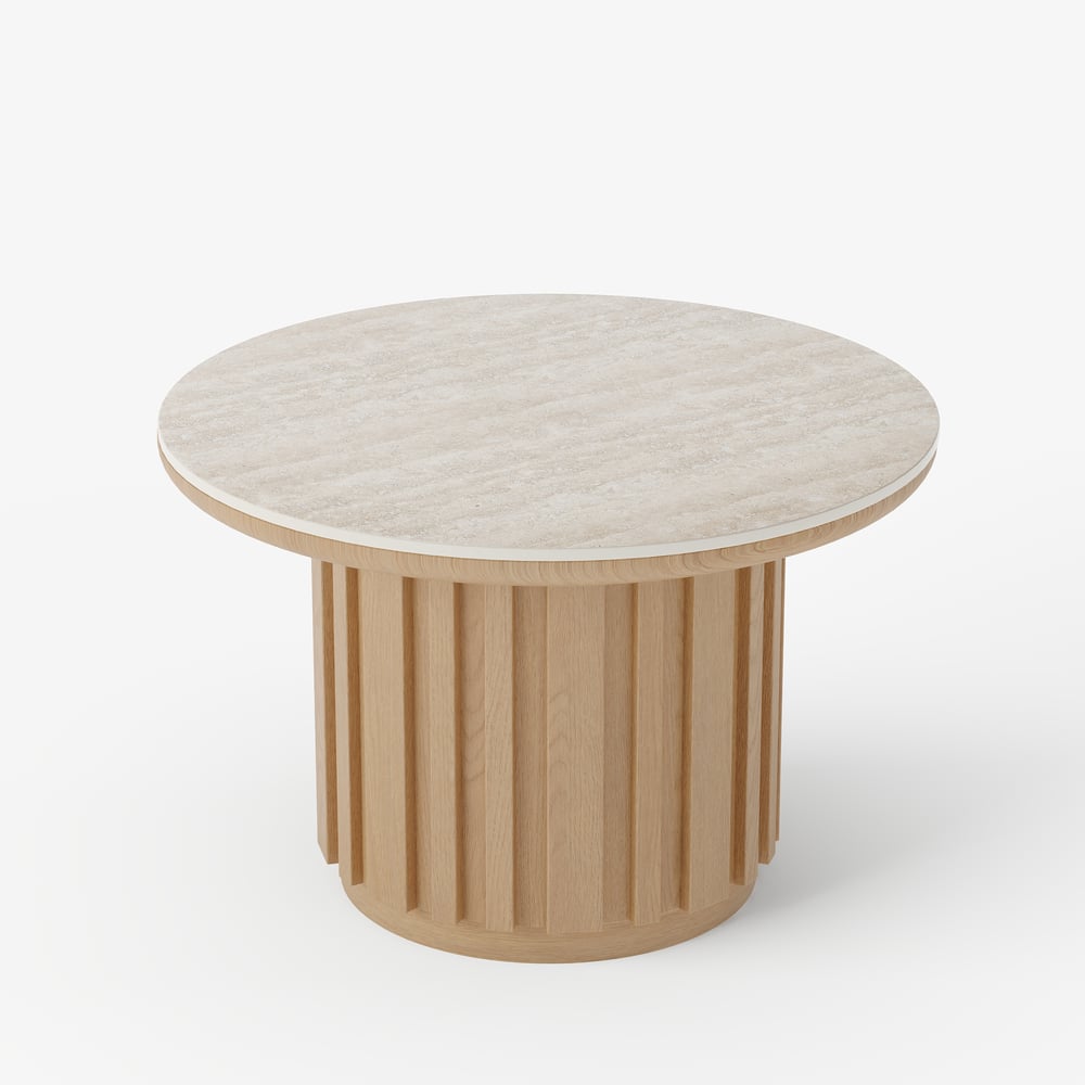 Table basse ronde à lattes en bois de frêne Aura avec plateau en pierre frittée image de fenêtre