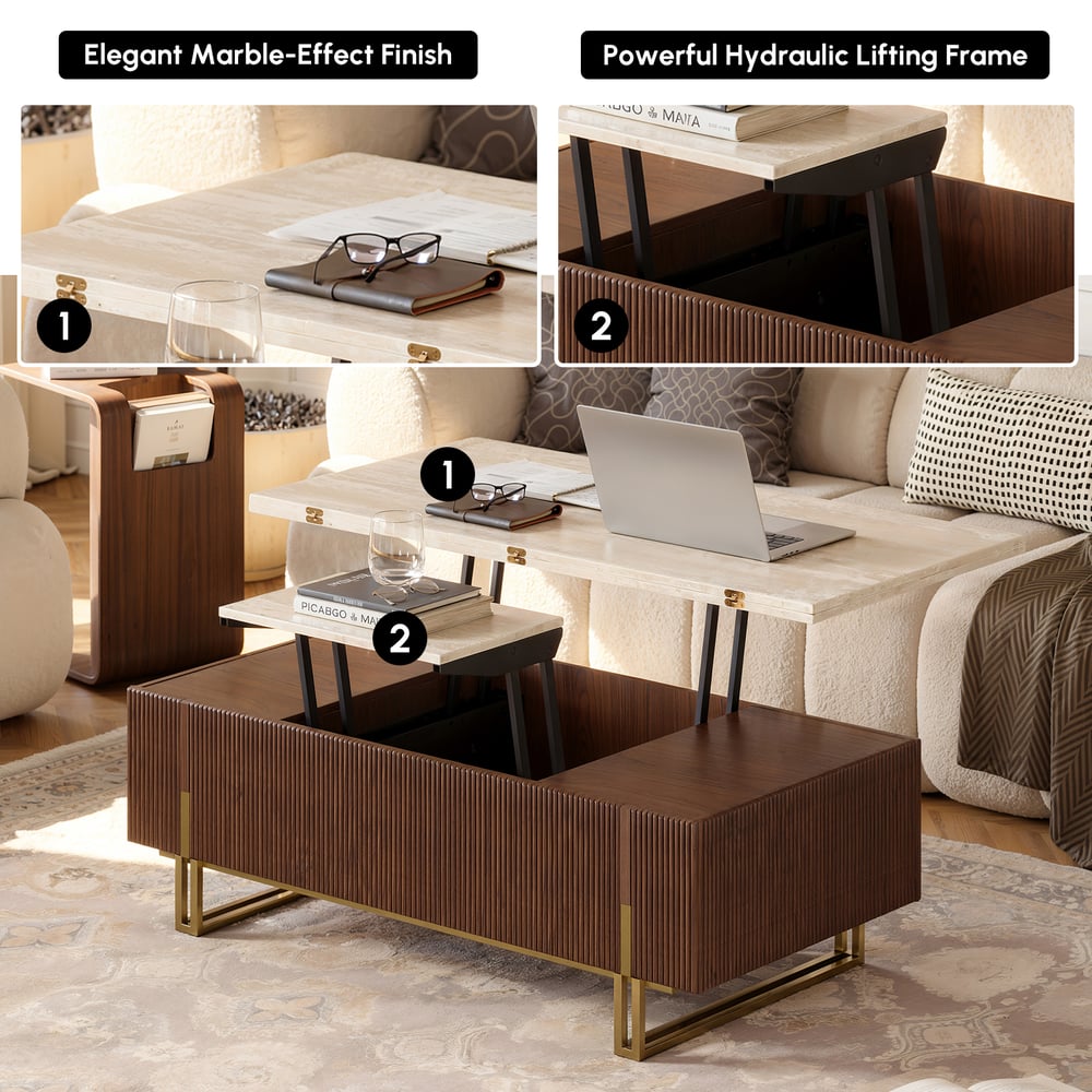 Table basse relevable Grovyn de 47,2" avec finition cannelée et 2 tiroirs image de fenêtre