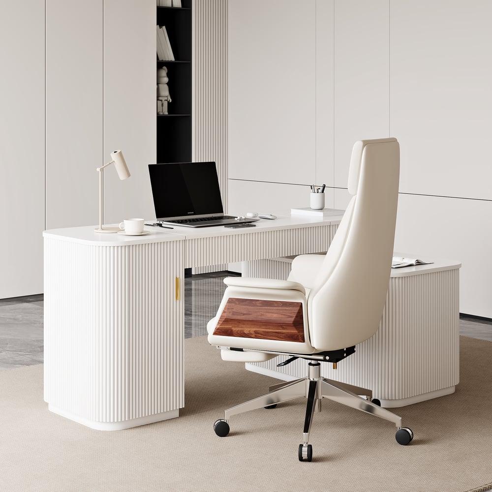Velign 65" L-Shape White Executive Desk with Right-Side Cabinet window image