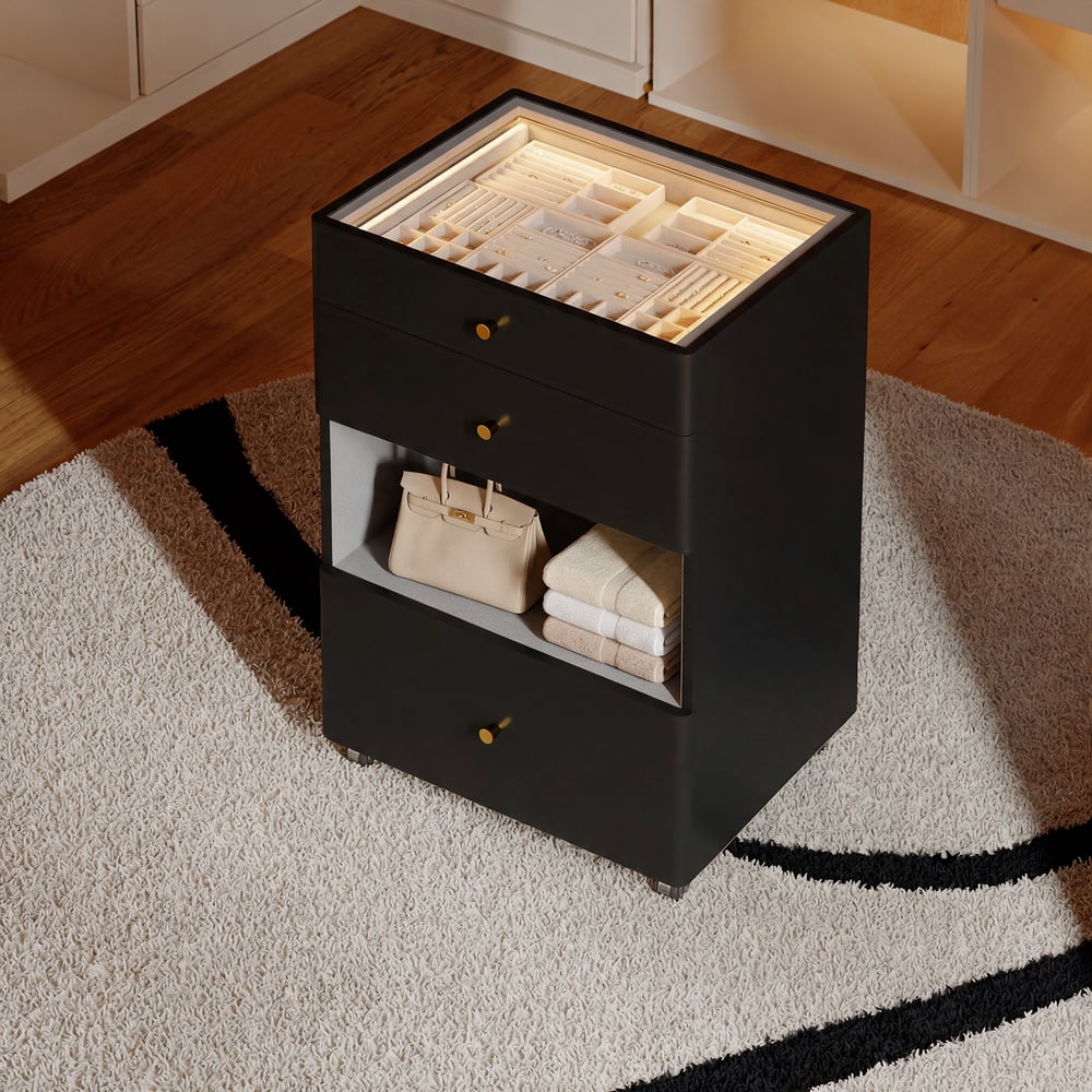 Selvo Walk-In Closet Island Jewelry Dresser with Glass Top & Light window image