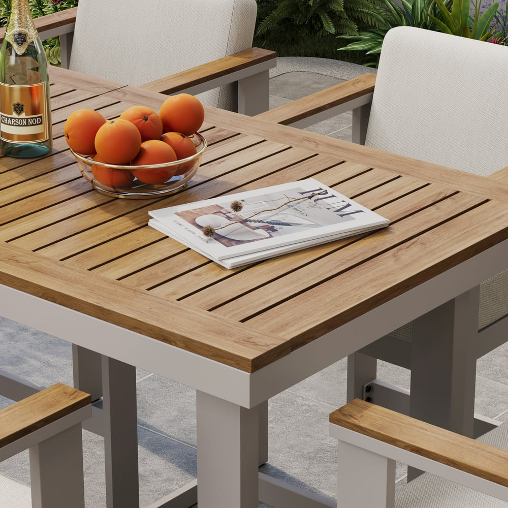Tevara Teak Wood Modern Outdoor Bar Set Sand Frame & Warm White Cushion window image