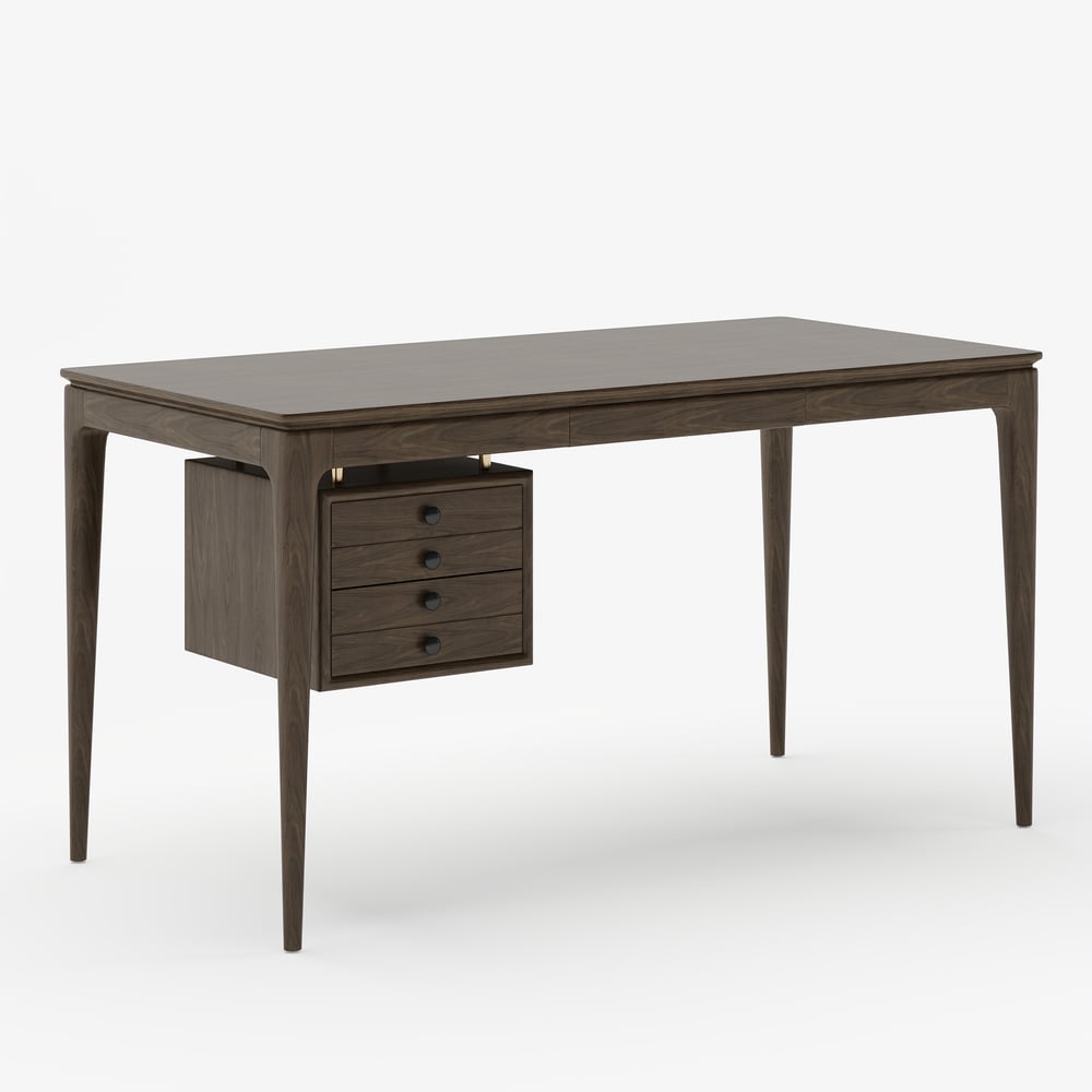 Tanic bureau 140 cm van essenhout, rookbruin, met 3 laden Vensterafbeelding