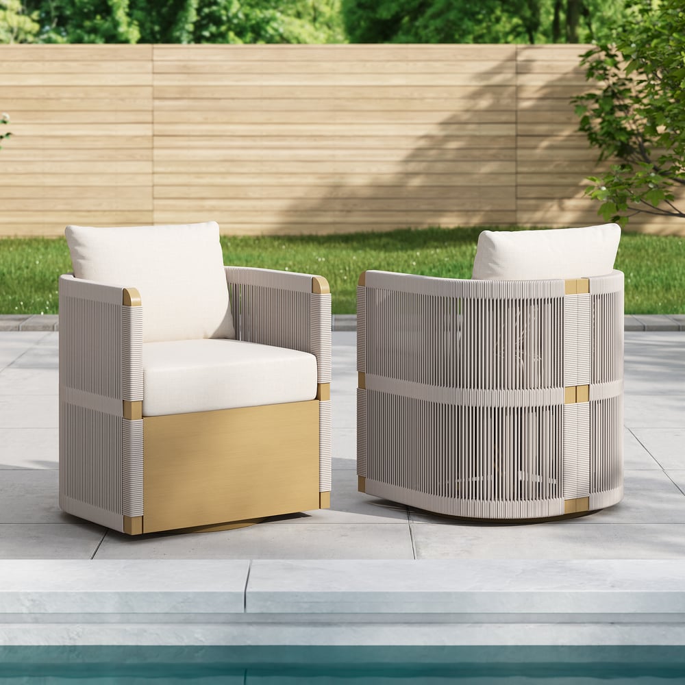 Costra  Outdoor Aluminum Extendable Dining Set with 6 Woven Swivel Armchairs in Ivory window image