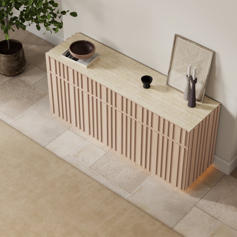 Aura 65" Ash Wood Slatted TV Stand with Sintered Stone Top window image