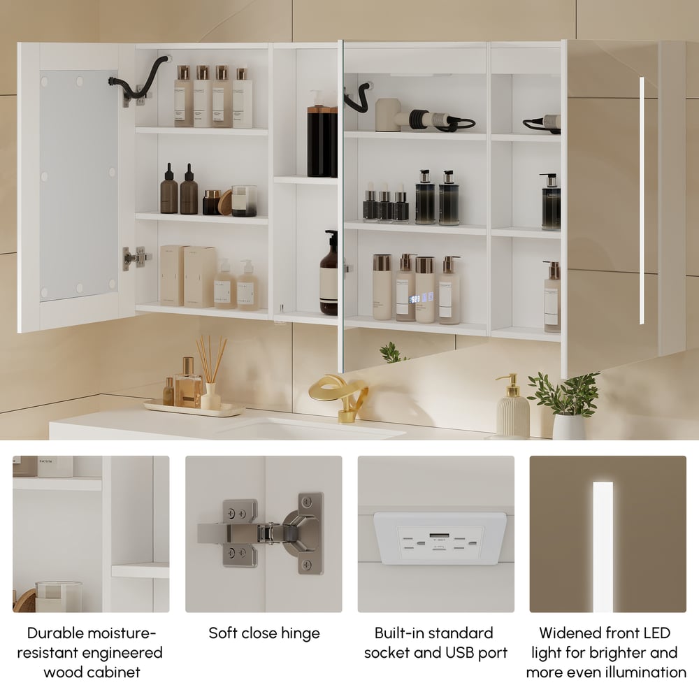 59" LED Bathroom Medicine Cabinet with Anti-Fog, Dimmable Tri-Color Lighting window image