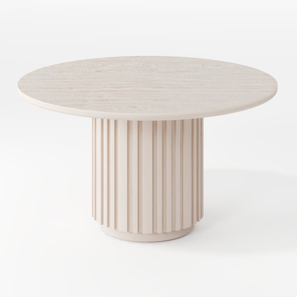 Table à manger ronde Aura de 119 cm en pierre frittée imitation travertin blanchie, base cannelée, 4 places image de fenêtre