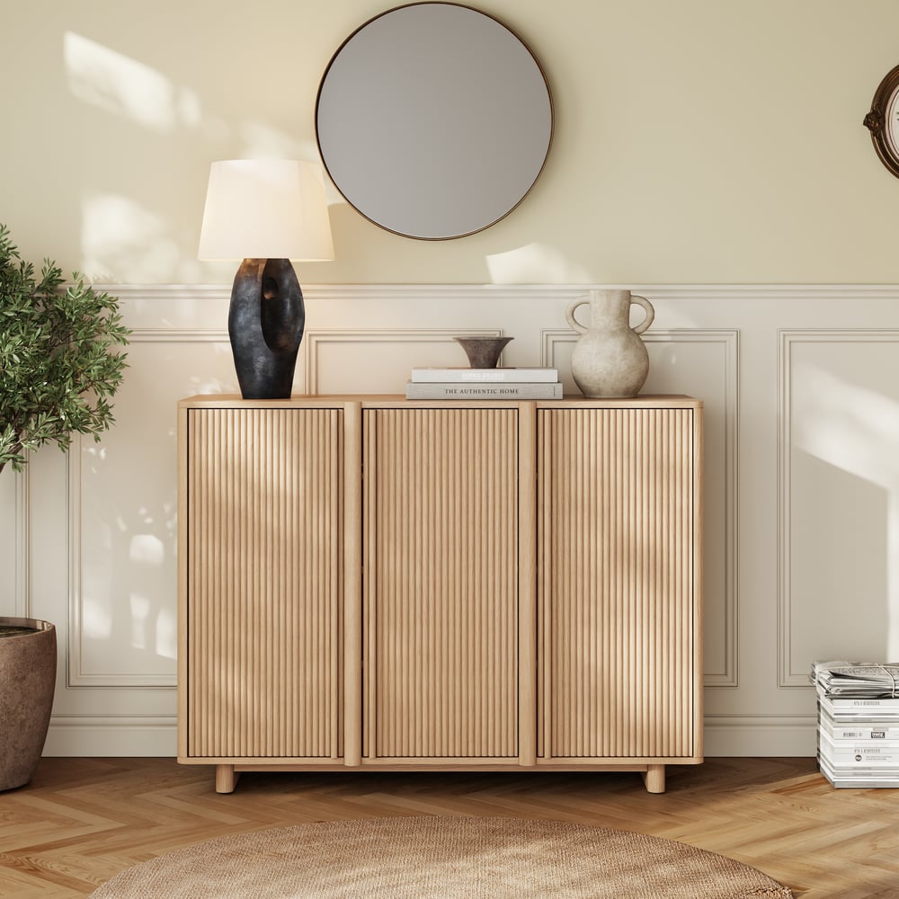 Lineva 48" Ash Wood Veneer Shoe Storage Fluted Entryway Cabinet window image