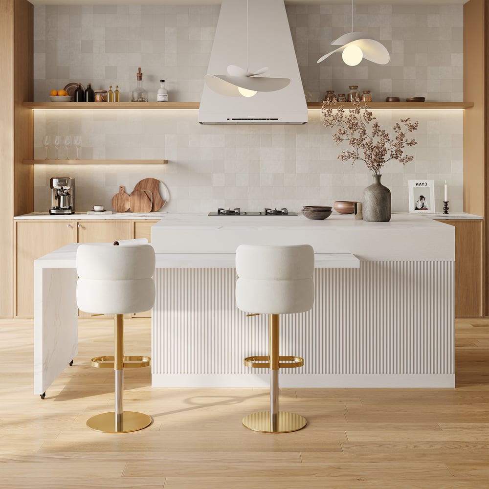 Modern 81"-112" Marble Pattern Kitchen Island with Doors & Drawers, White window image