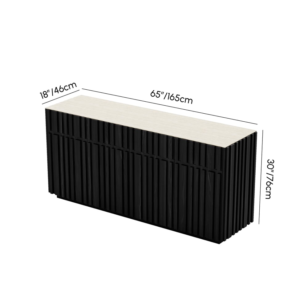 Aura 65" Ash Wood Slatted Black TV Stand with Sintered Stone Top weights dimensions image