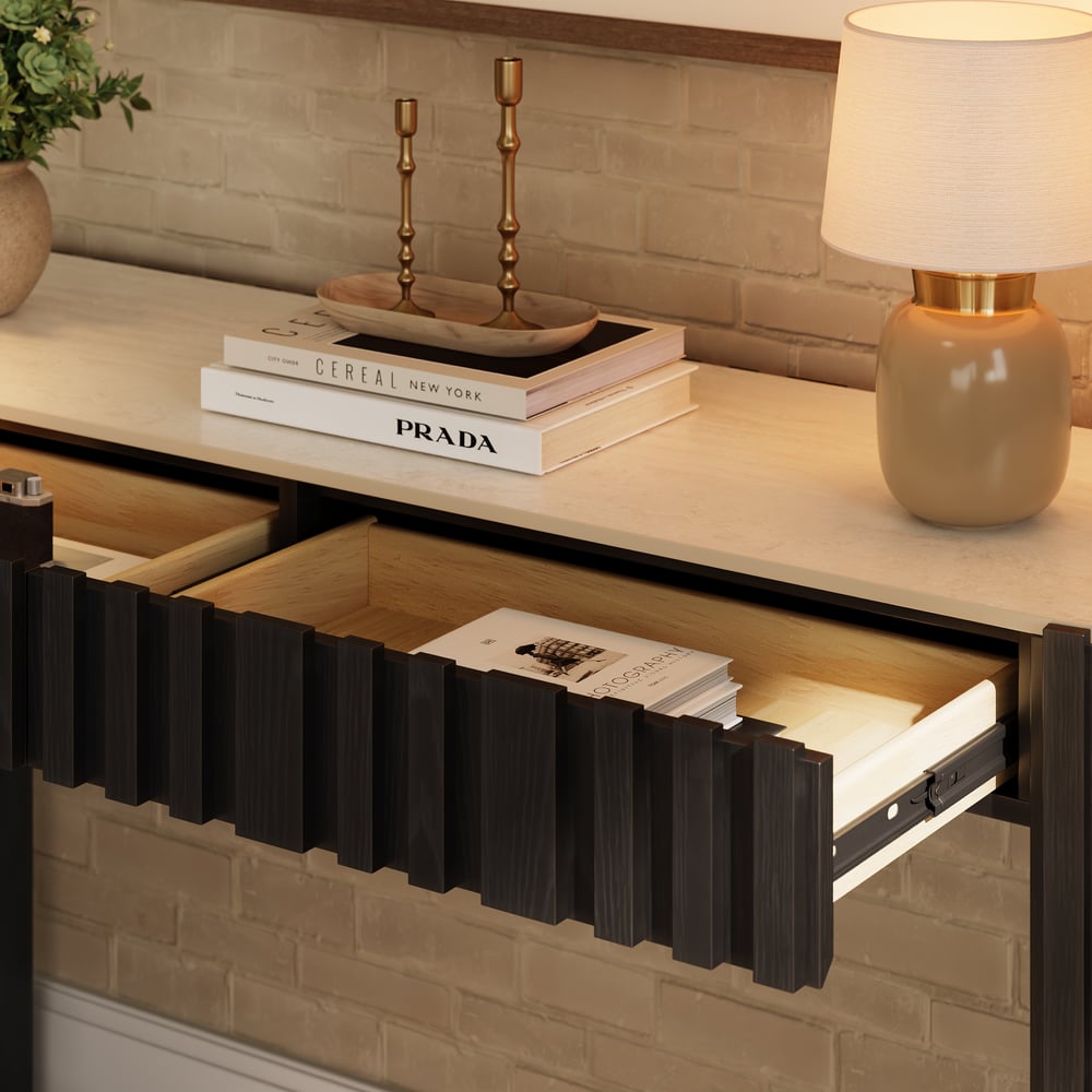 Aura 60" Ash Wood Fluted Black Console Table With Sintered Stone Top window image