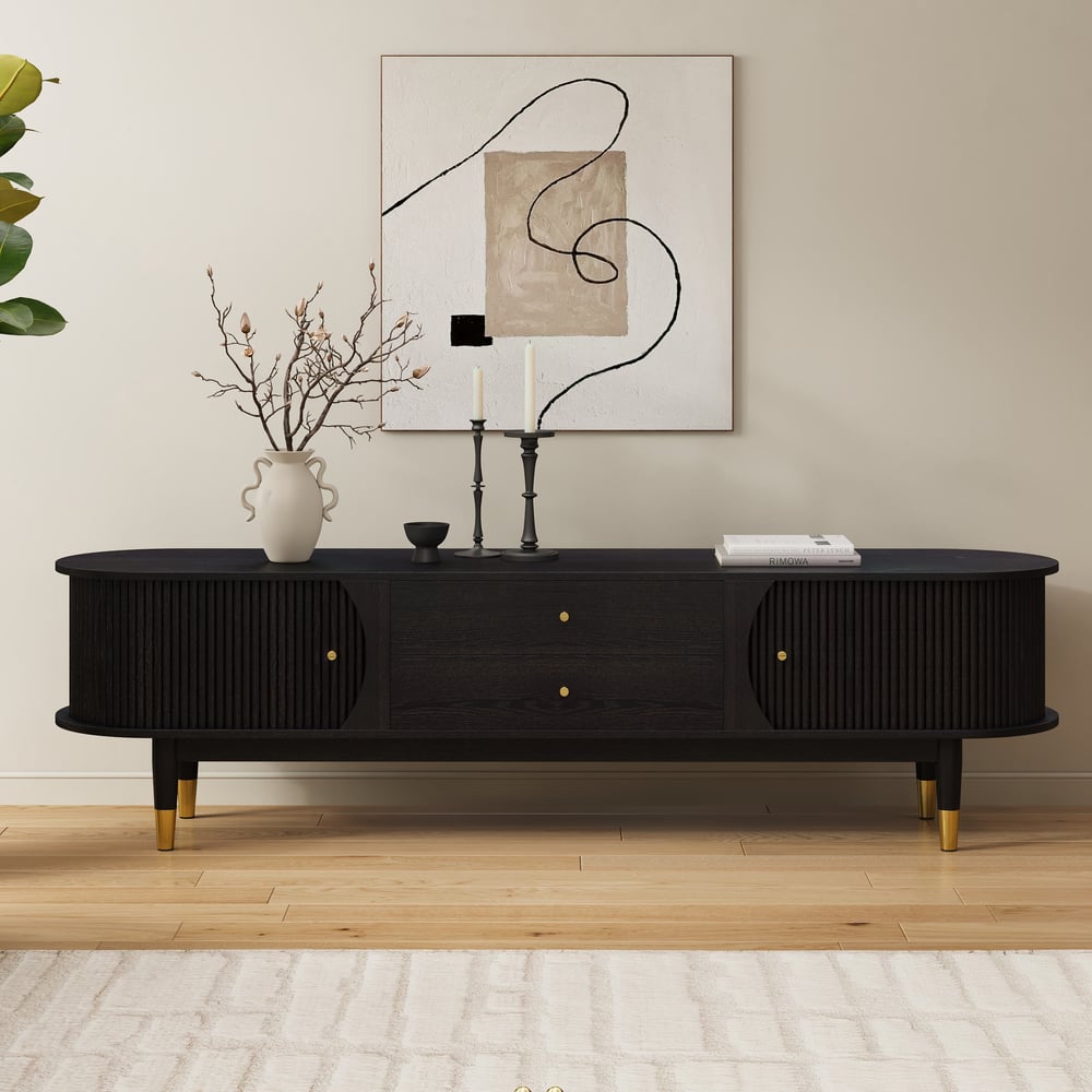 80" Ash Wood Fluted Black TV Stand with Storage window image