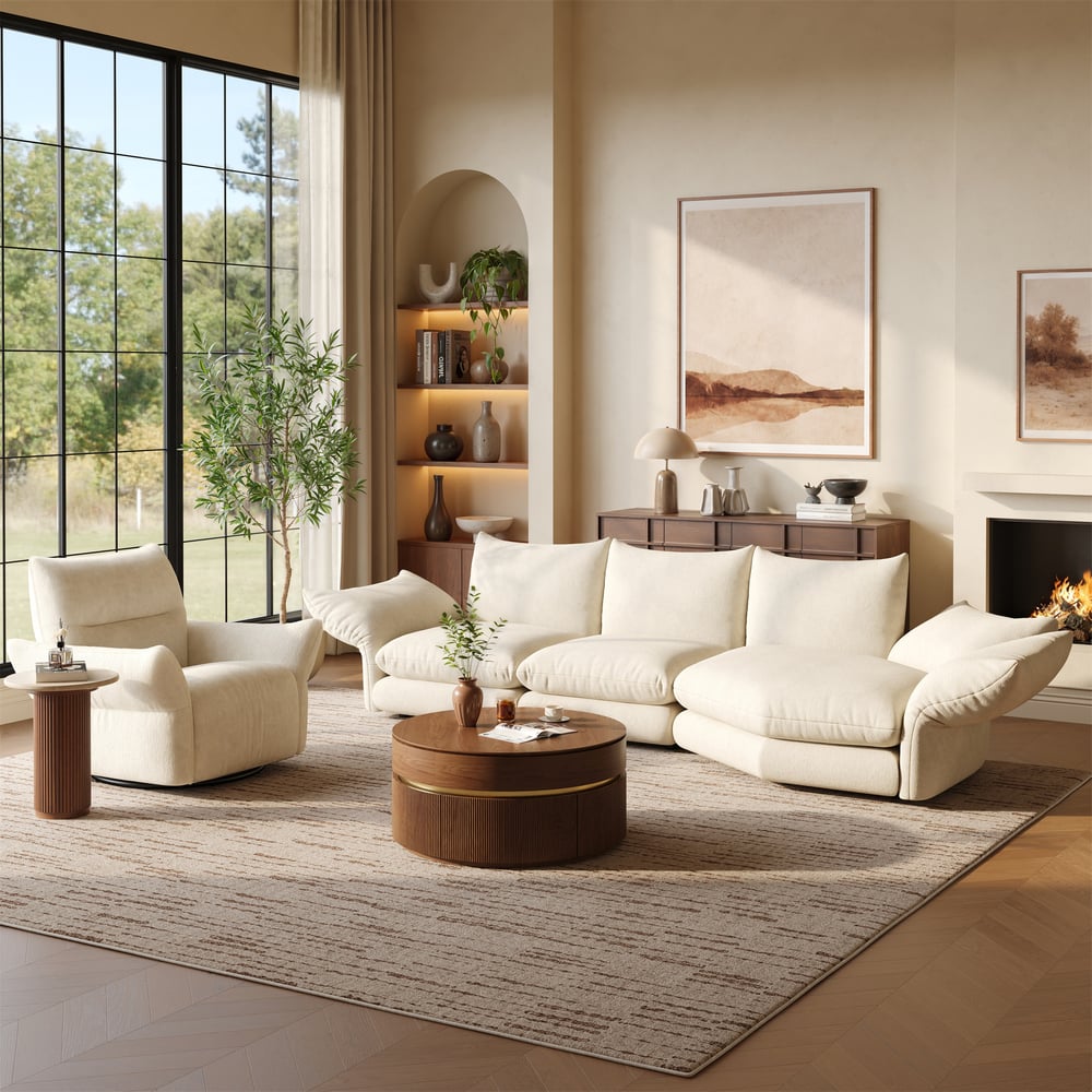 130" 3-Piece Chenille Sectional Sofa with Chaise and Adjustable Armrests & Backrest window image
