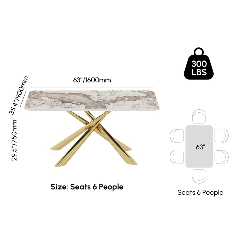 Dining Set 63" Rectangle Glossy Pandora Sintered Stone Dining Table with 4 Chairs weights dimensions image