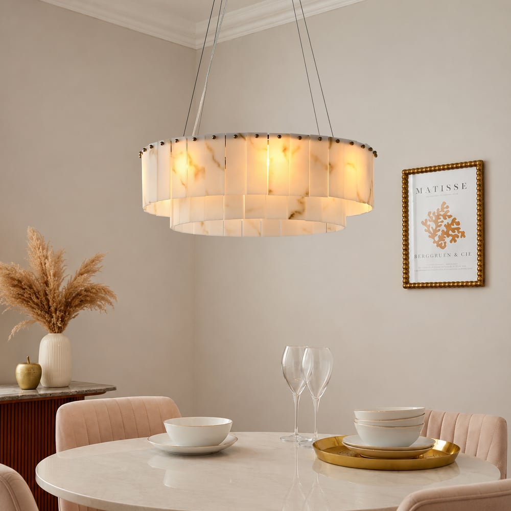 8-Light Tiered Chandelier Alabaster-Look 24" window image