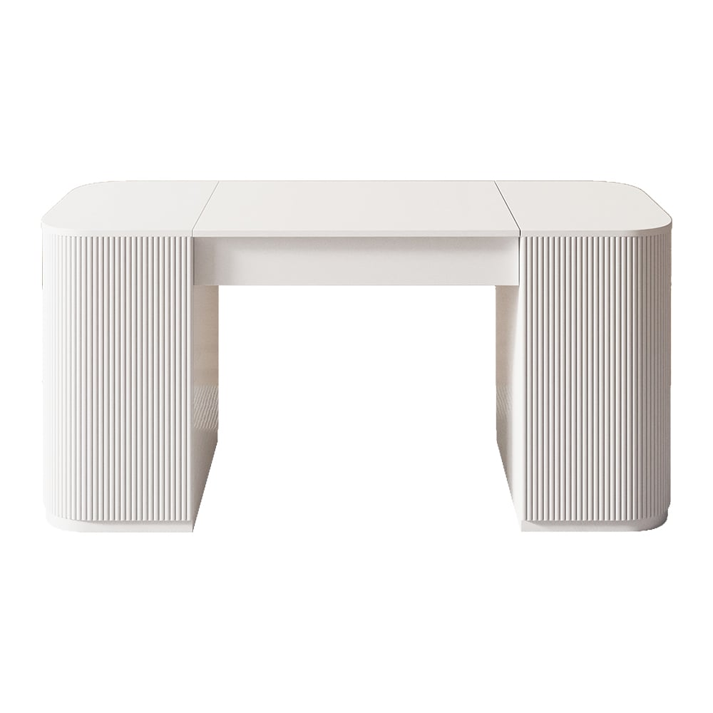 Modern 60" White Standing Office Desk & Sliding Door Etagere Bookshelf window image