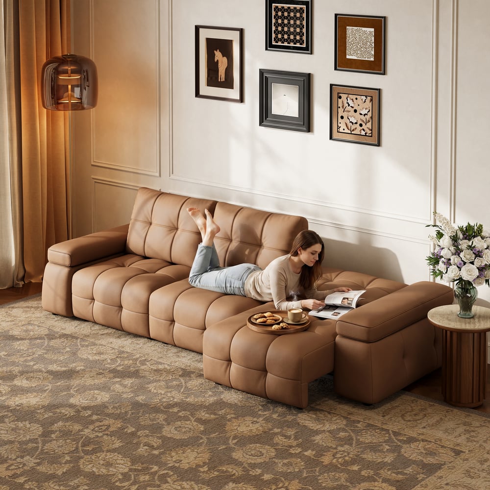 130" 3-Seater Genuine Leather Power Convertible Sleeper Sofa with adjustable armrests window image