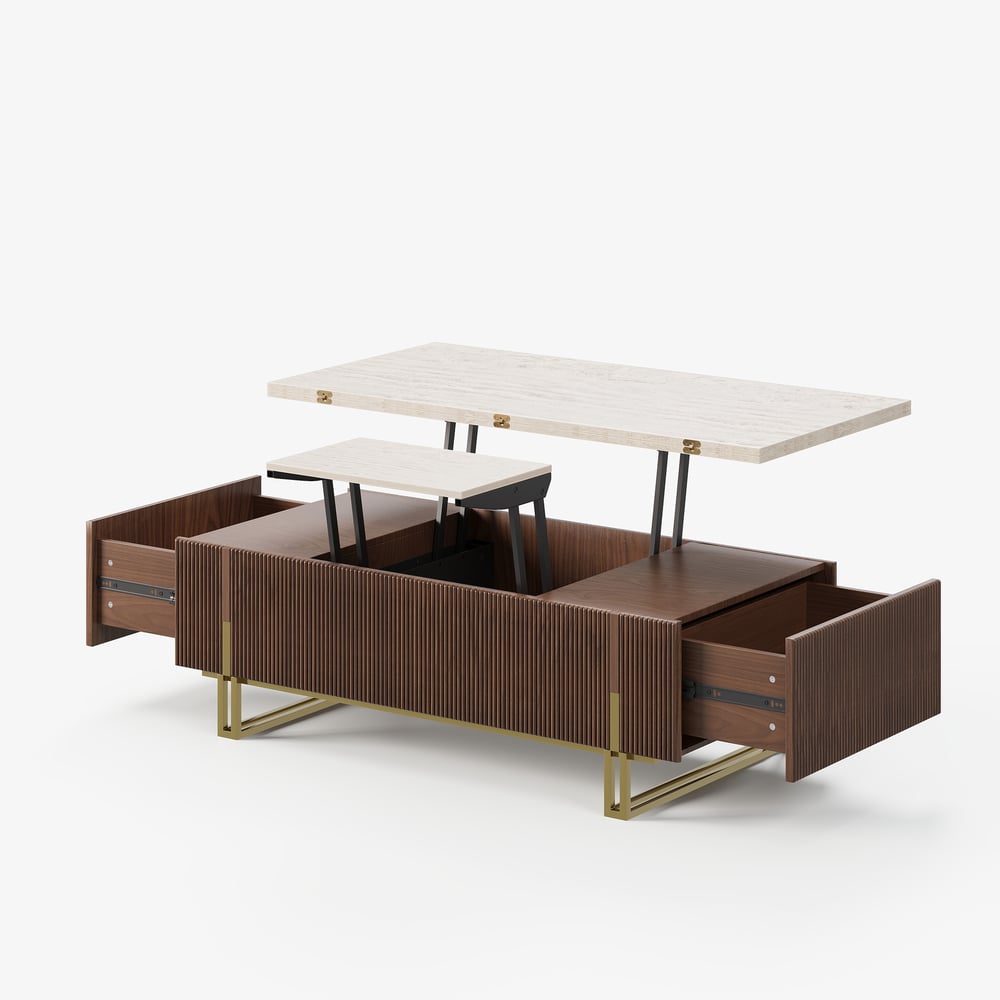 Table basse relevable Grovyn de 47,2" avec finition cannelée et 2 tiroirs image de fenêtre