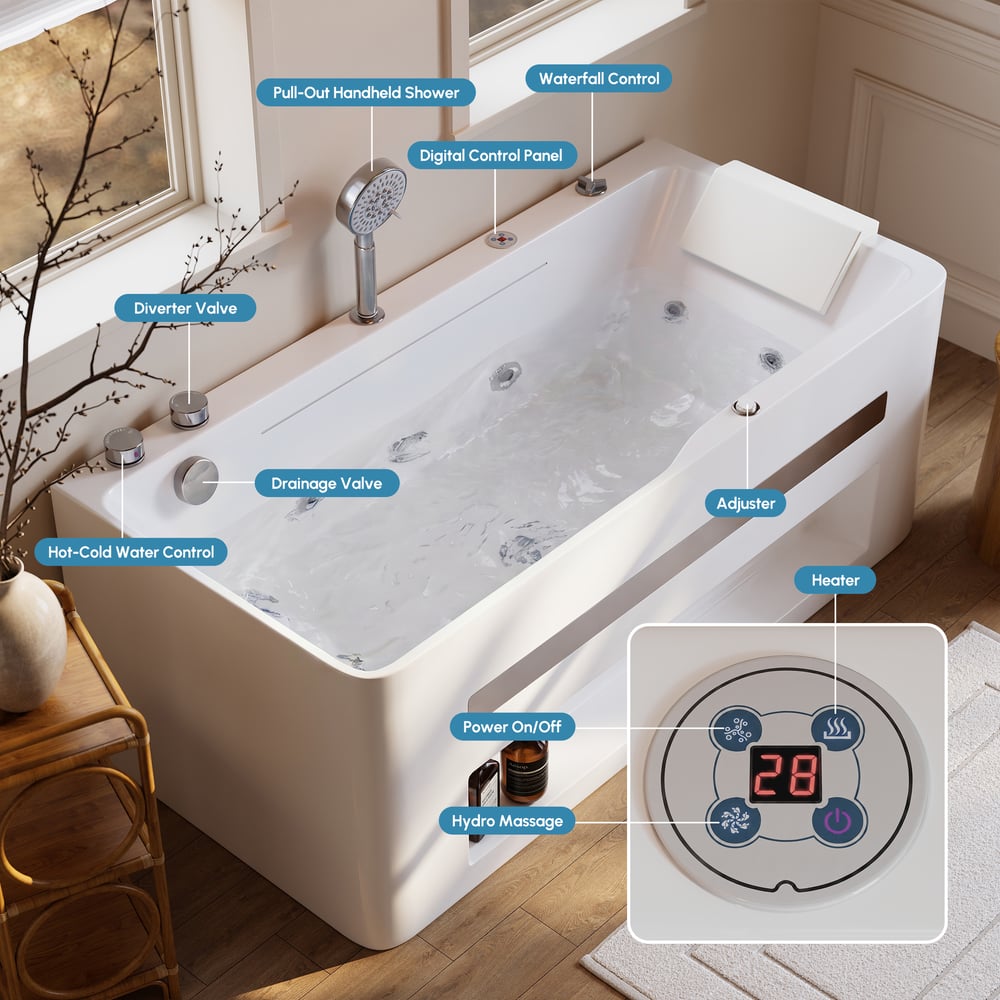 Baignoire balnéo de 150 cm avec contrôle thermostatique, jets de massage et éclairage LED image de fenêtre