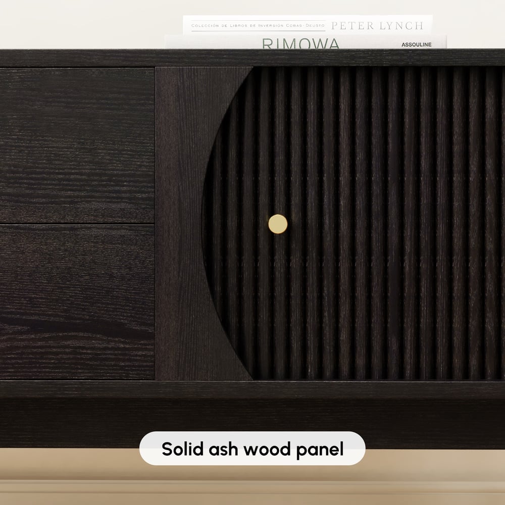 80" Ash Wood Fluted Black TV Stand with Storage window image