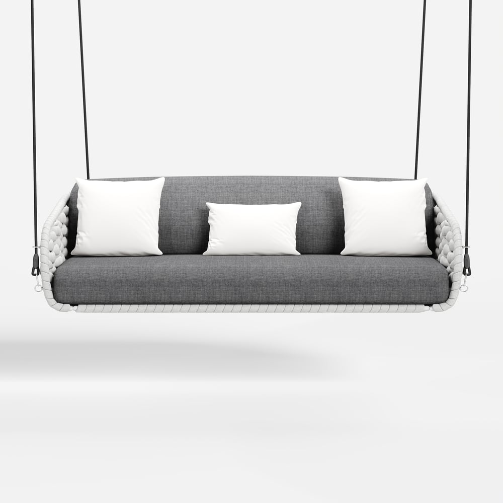 Cadeira Suspensa Tatta Outdoor em Alumínio com Trama de Corda e Almofada em Cinza Imagem da janela