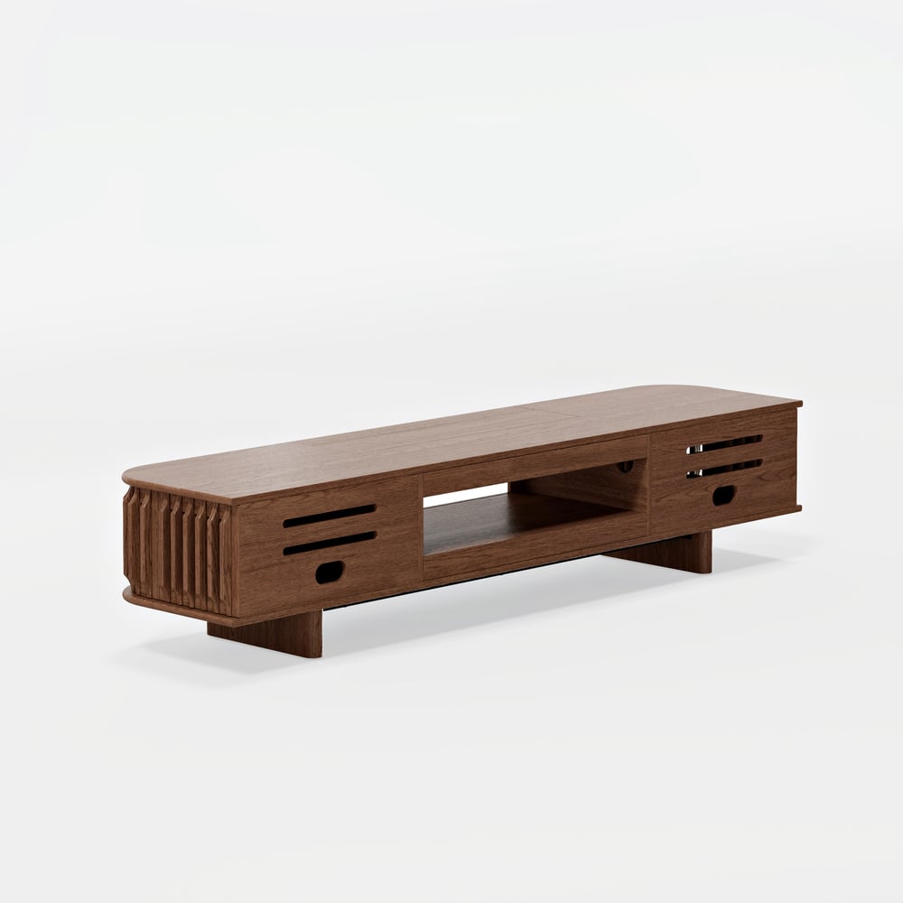 80" Ash Wood Fluted Walnut Projector TV Stand with LED window image