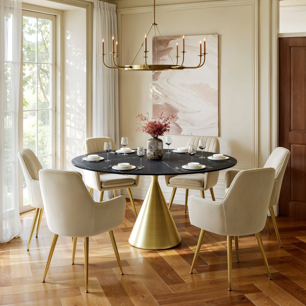 152cm Round Matte Sintered Stone Dining Table with Gold Metal Pedestal Base, Seats 6 window image
