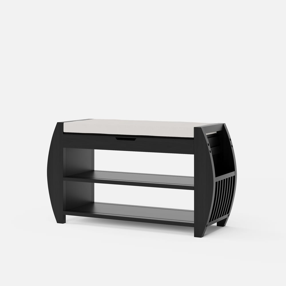 Banc d'entrée de rangement de chaussures noir en bois massif de 81 cm avec étagère à chaussures image de fenêtre